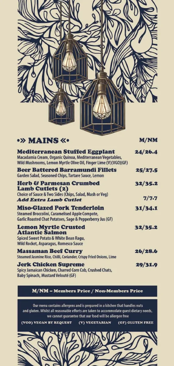 Menu, Lake Macquarie Tavern