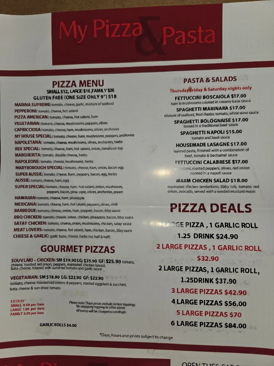 Menu, My Pizza & Pasta