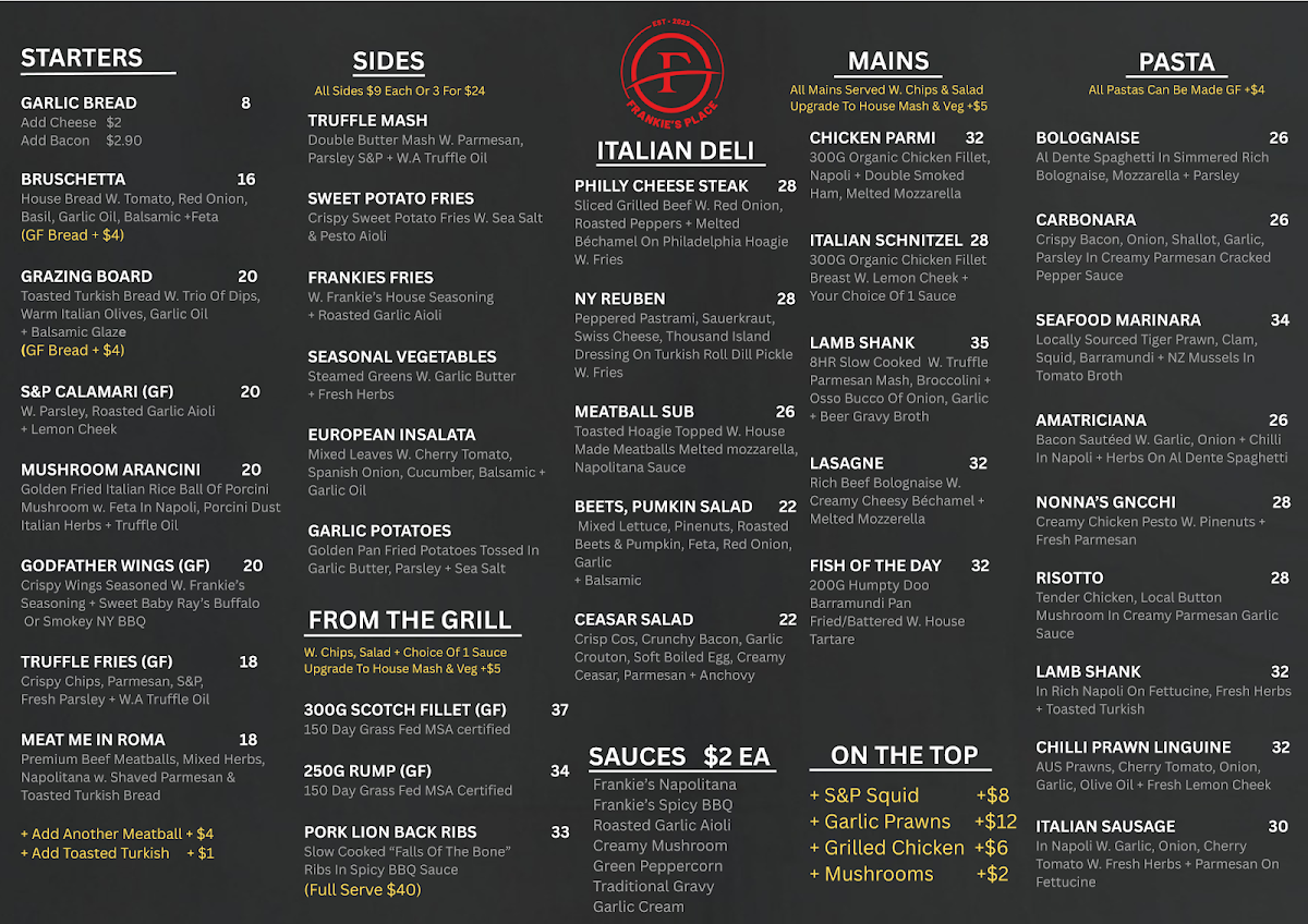Menu, Frankie's Place