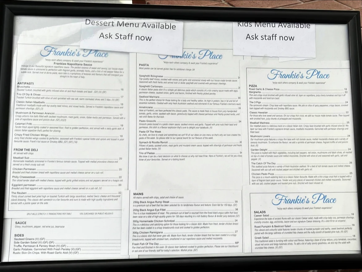 Menu, Frankie's Place