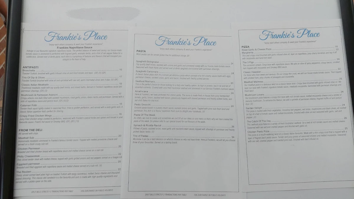 Menu, Frankie's Place