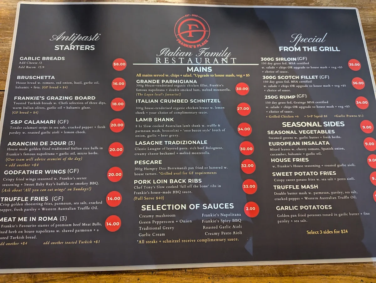 Menu, Frankie's Place