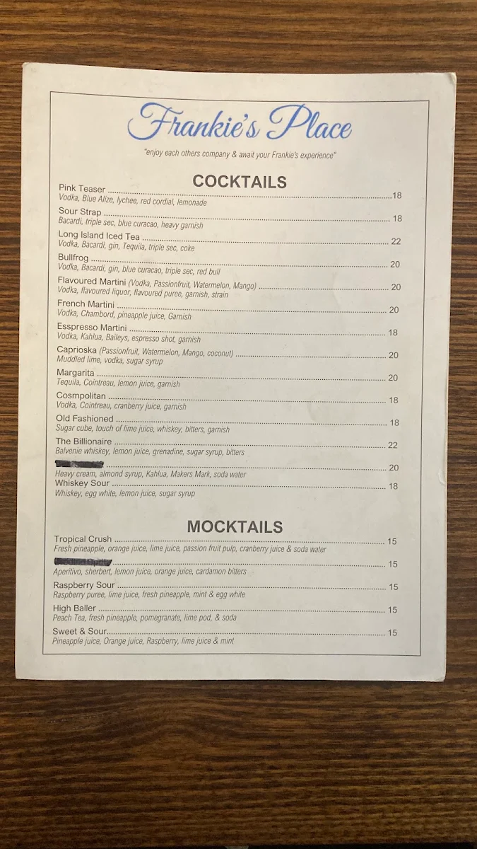 Menu, Frankie's Place