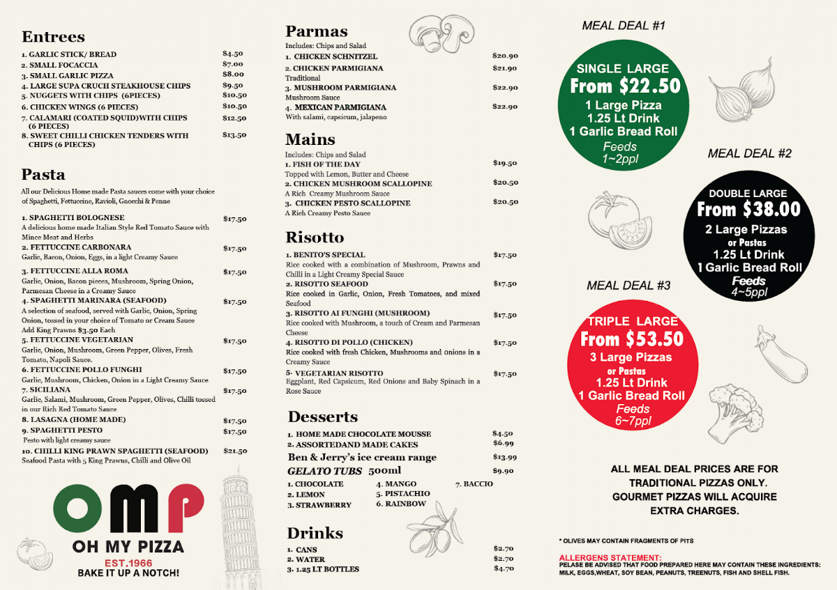 Menu, Oh My Pizza