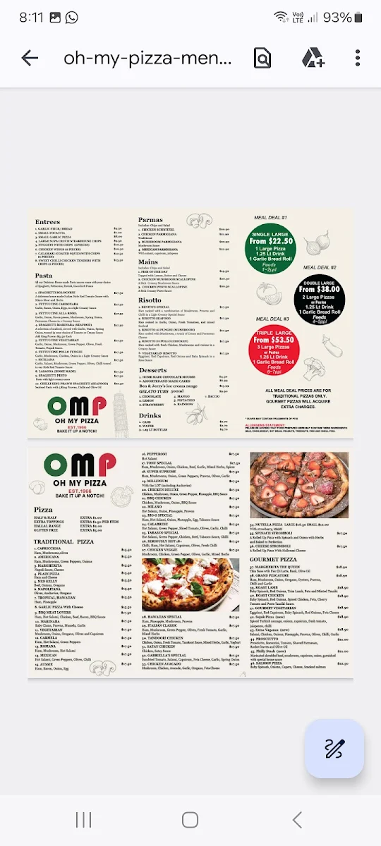 Menu, Oh My Pizza