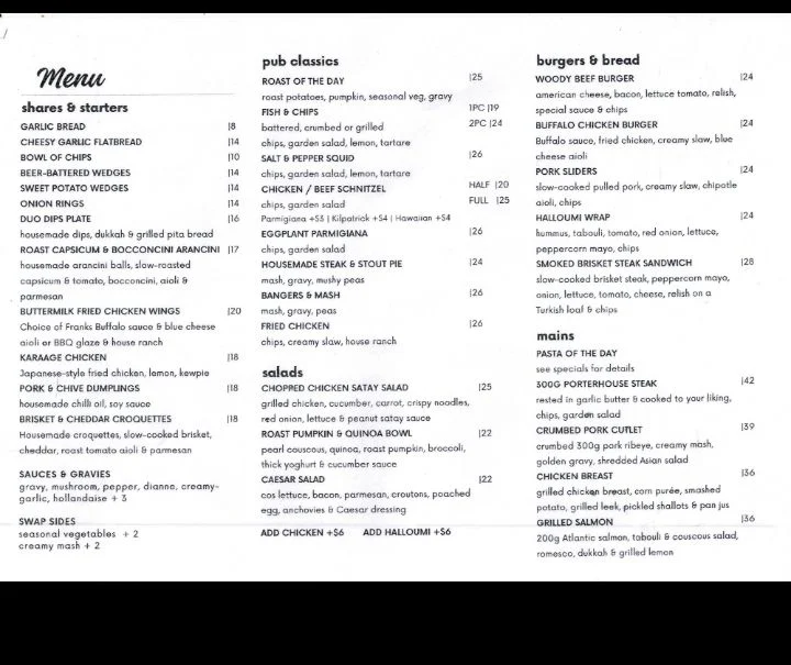Menu, The Woodside Hotel