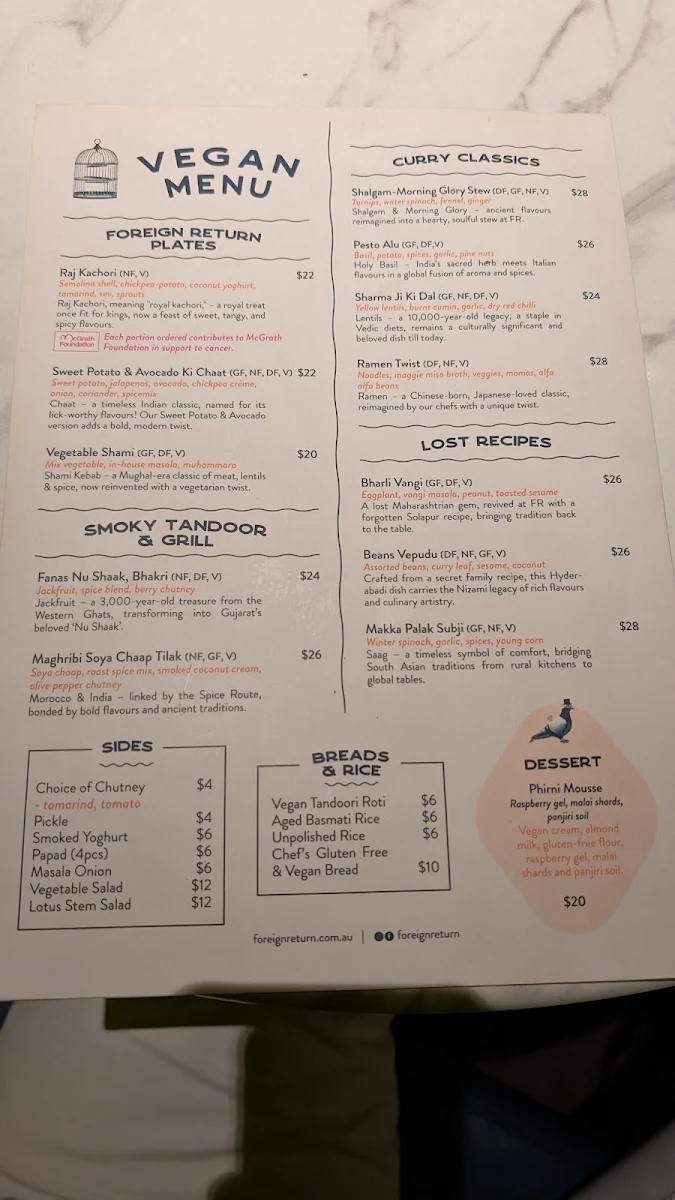 Menu, Foreign Return Indian Restaurant
