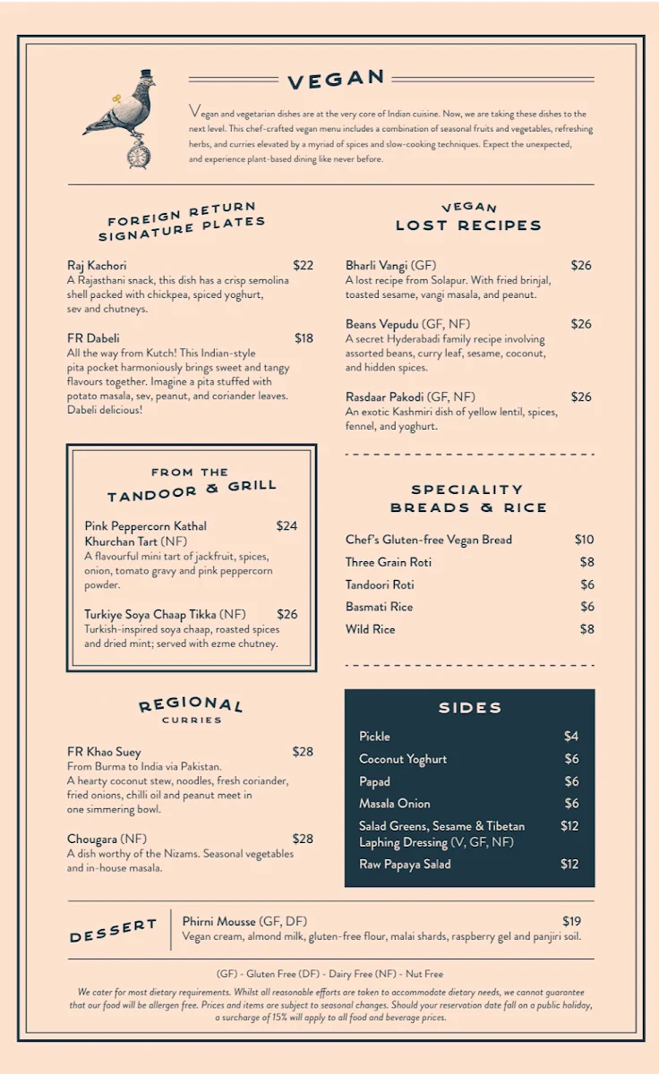 Menu, Foreign Return Indian Restaurant