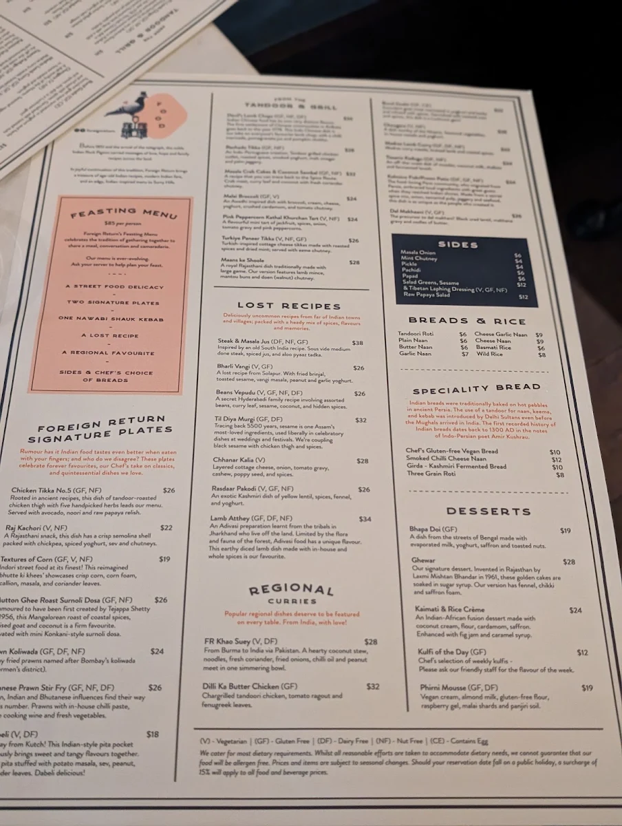 Menu, Foreign Return Indian Restaurant