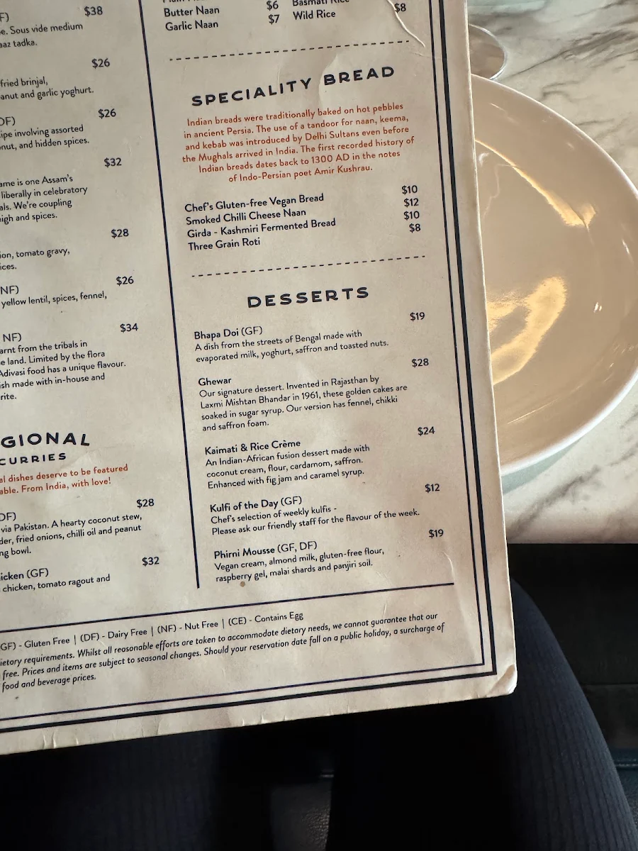 Menu, Foreign Return Indian Restaurant