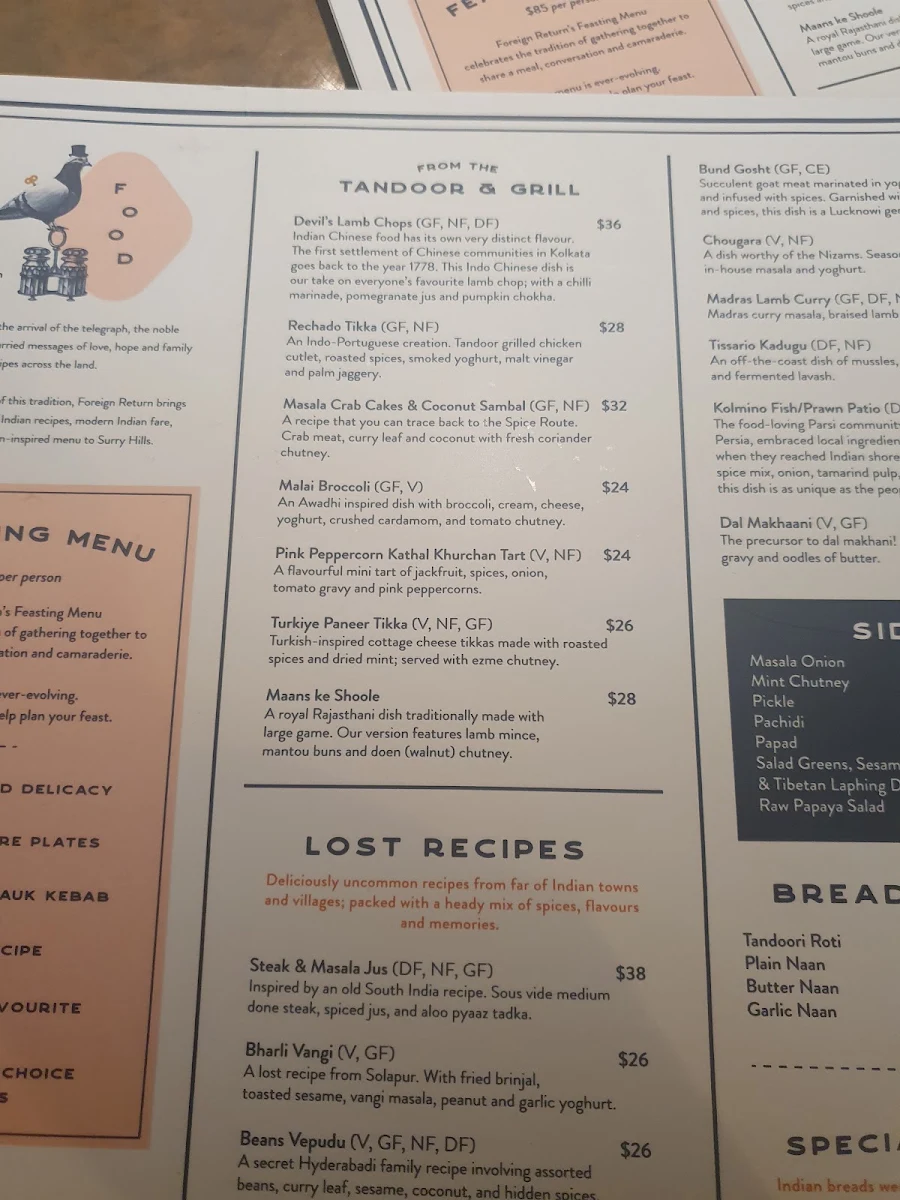 Menu, Foreign Return Indian Restaurant