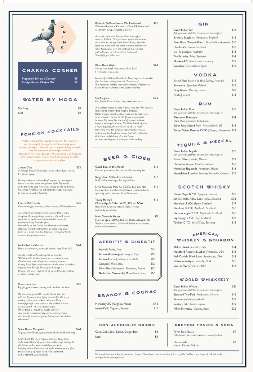 Menu, Foreign Return Indian Restaurant
