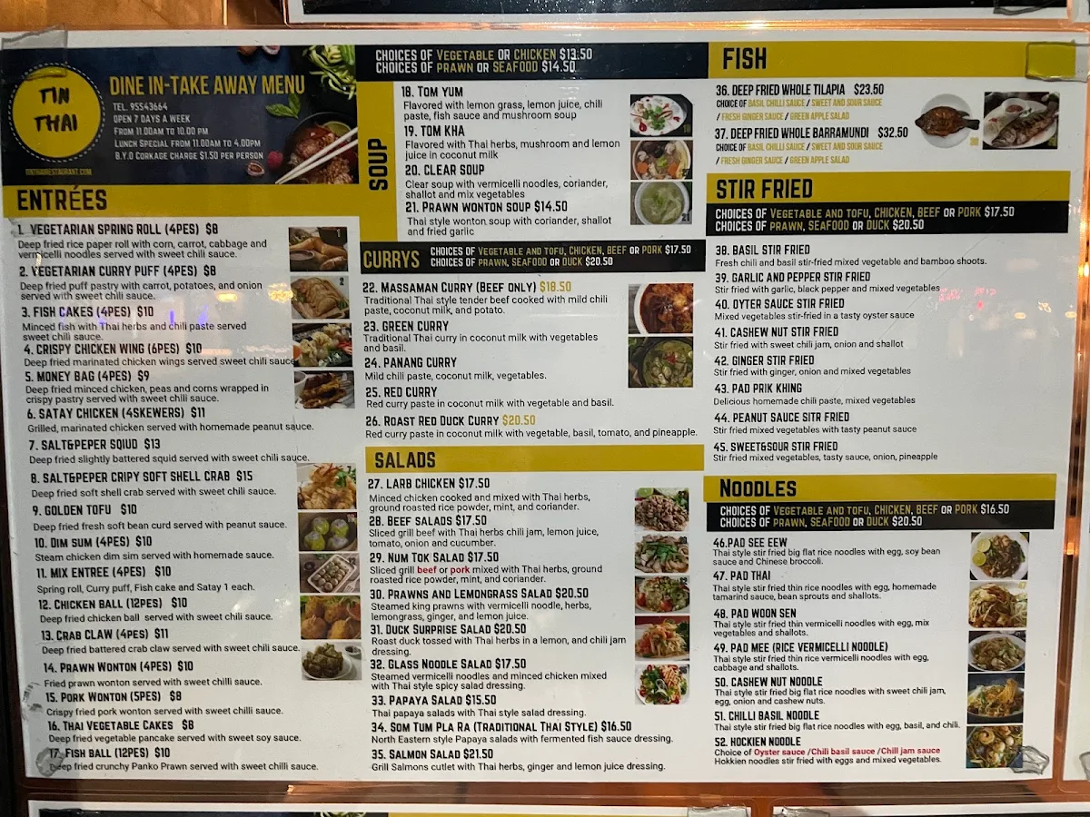Menu, Tin Thai Restaurant