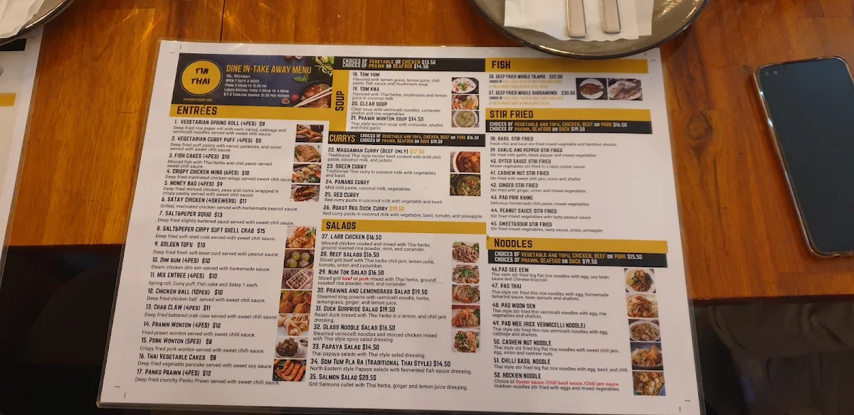 Menu, Tin Thai Restaurant