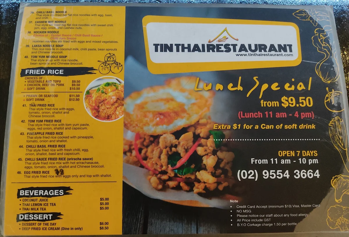 Menu, Tin Thai Restaurant