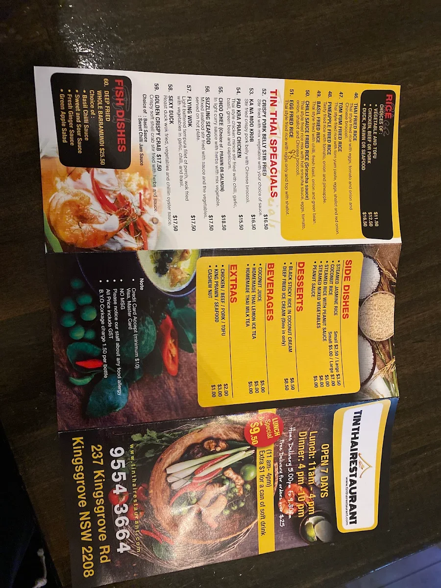 Menu, Tin Thai Restaurant