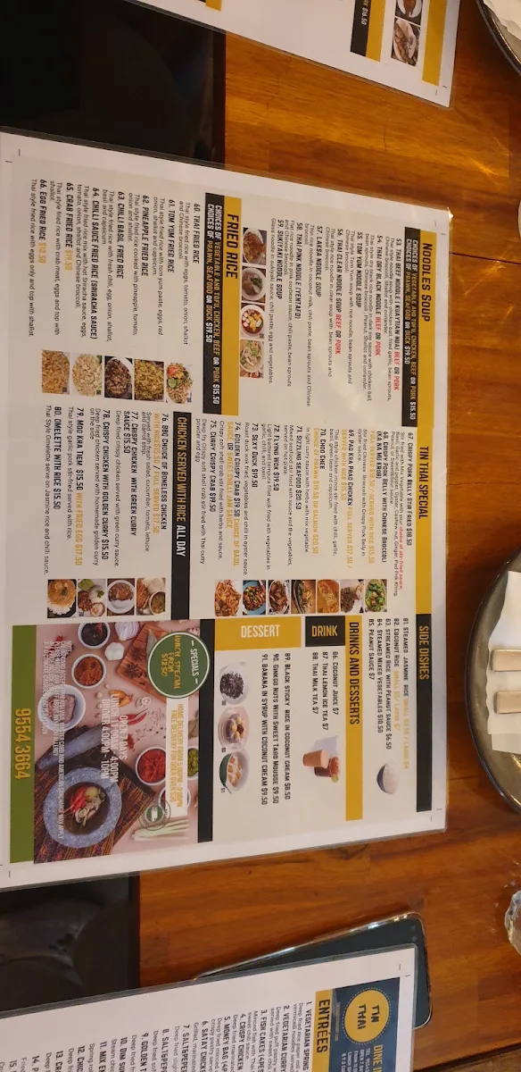 Menu, Tin Thai Restaurant