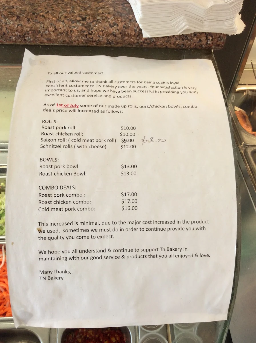 Menu, TN Bakery
