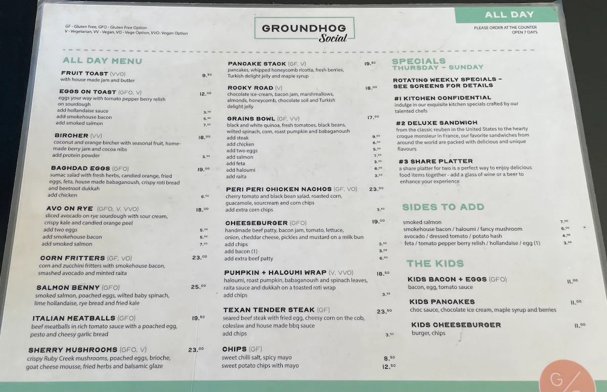 Menu, Groundhog Social