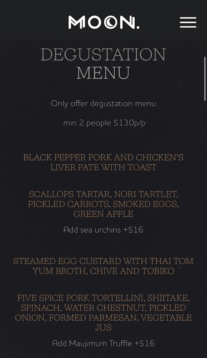 Menu, Restaurant Moon