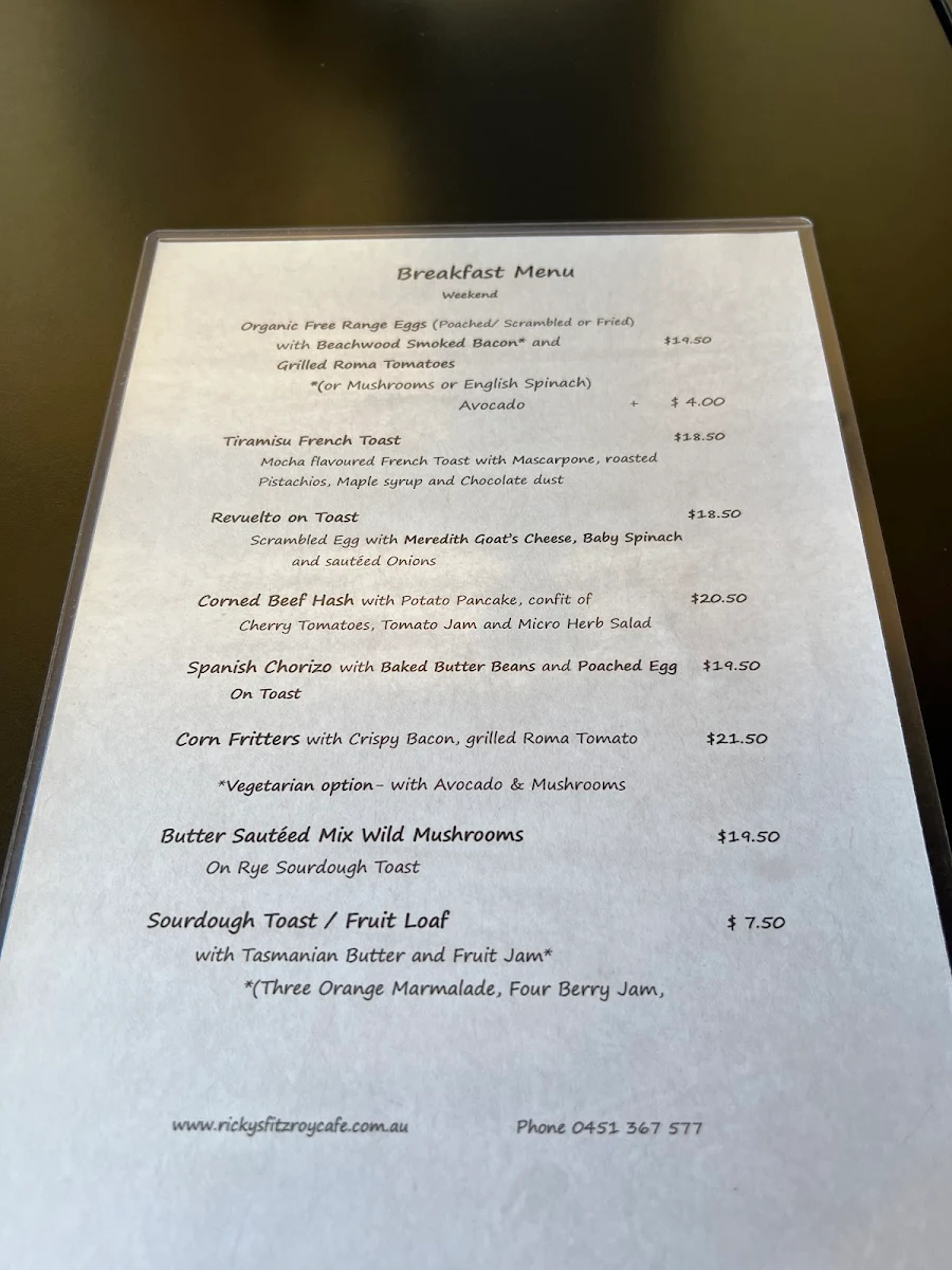 Menu, Fitzroy Cafe