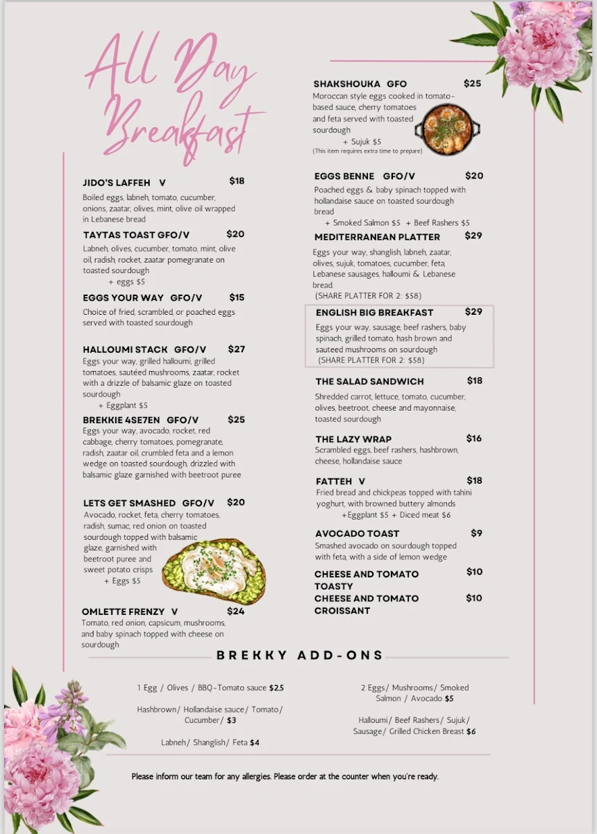 Menu, Cafe 4se7en