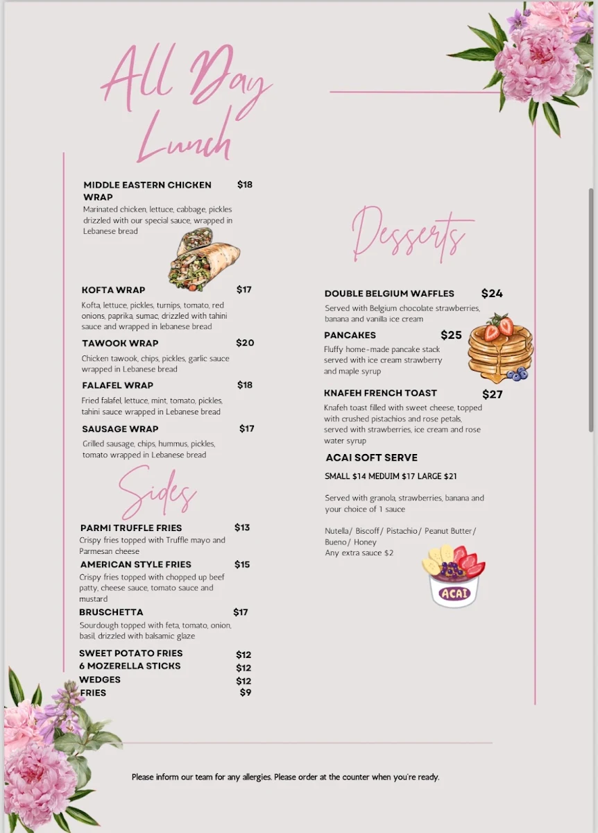 Menu, Cafe 4se7en