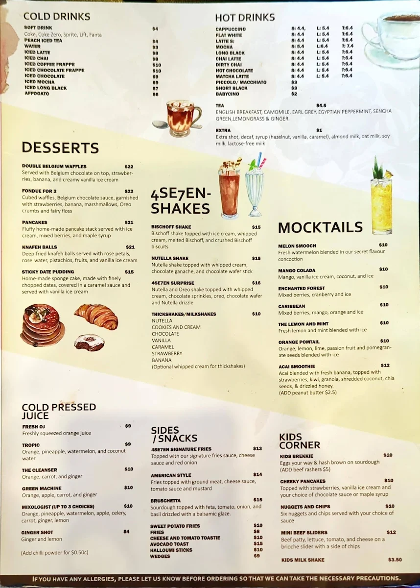 Menu, Cafe 4se7en