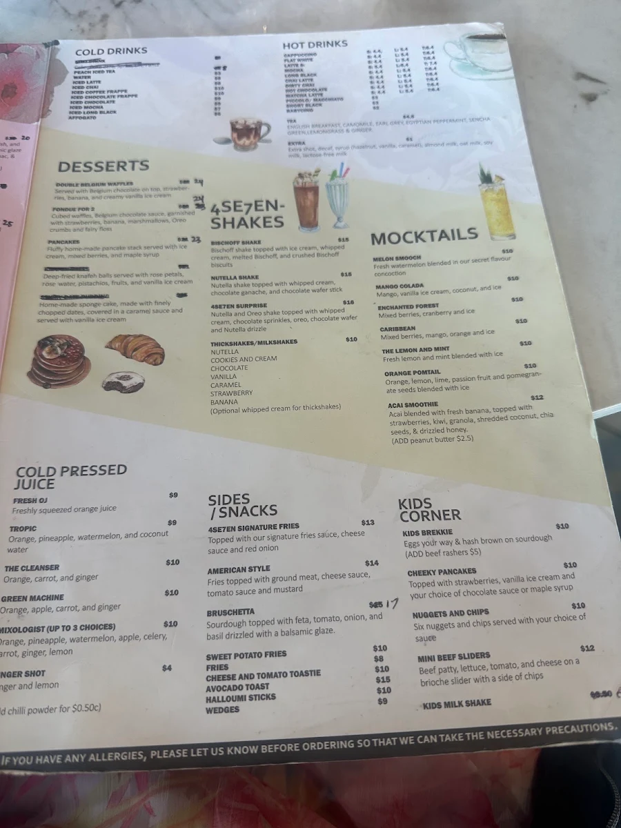 Menu, Cafe 4se7en
