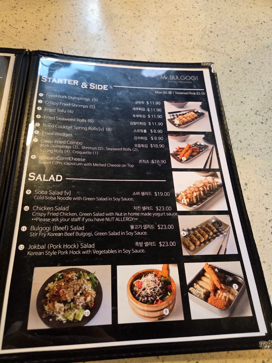 Menu, Mr Bulgogi Korean Restaurant Adelaide CBD