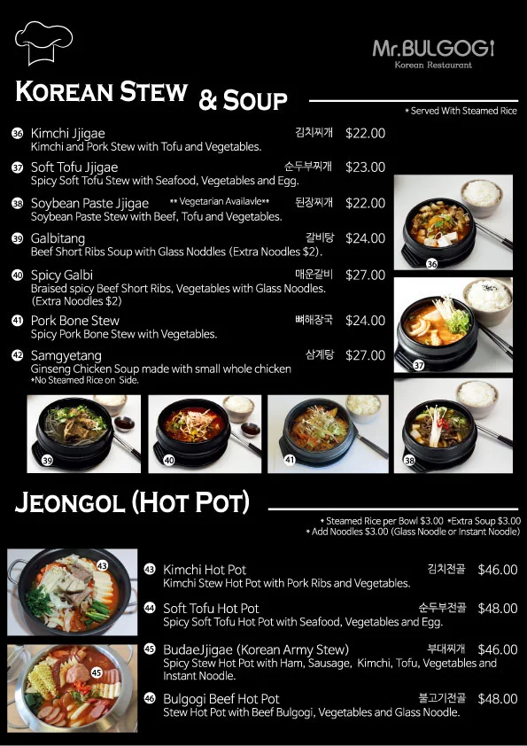 Menu, Mr Bulgogi Korean Restaurant Adelaide CBD
