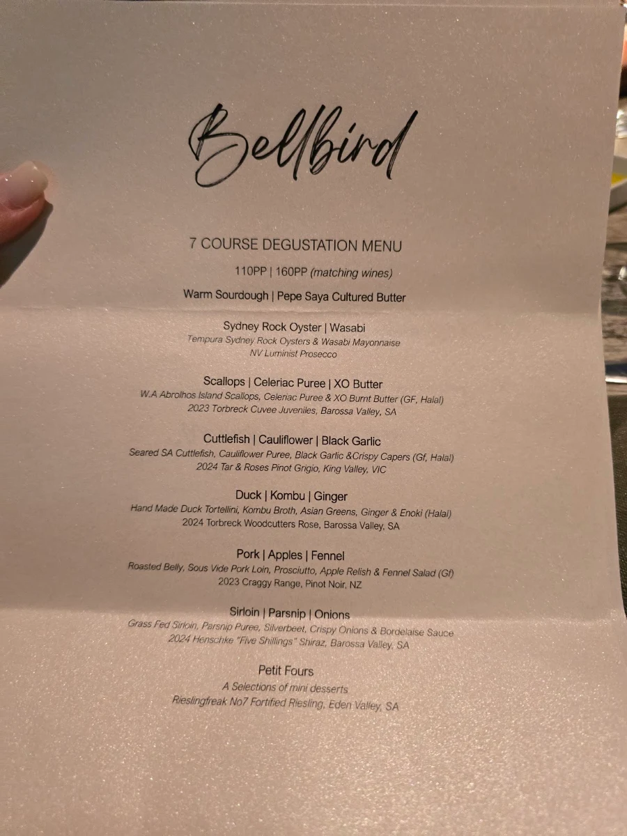 Menu, Bellbird Dining and Bar