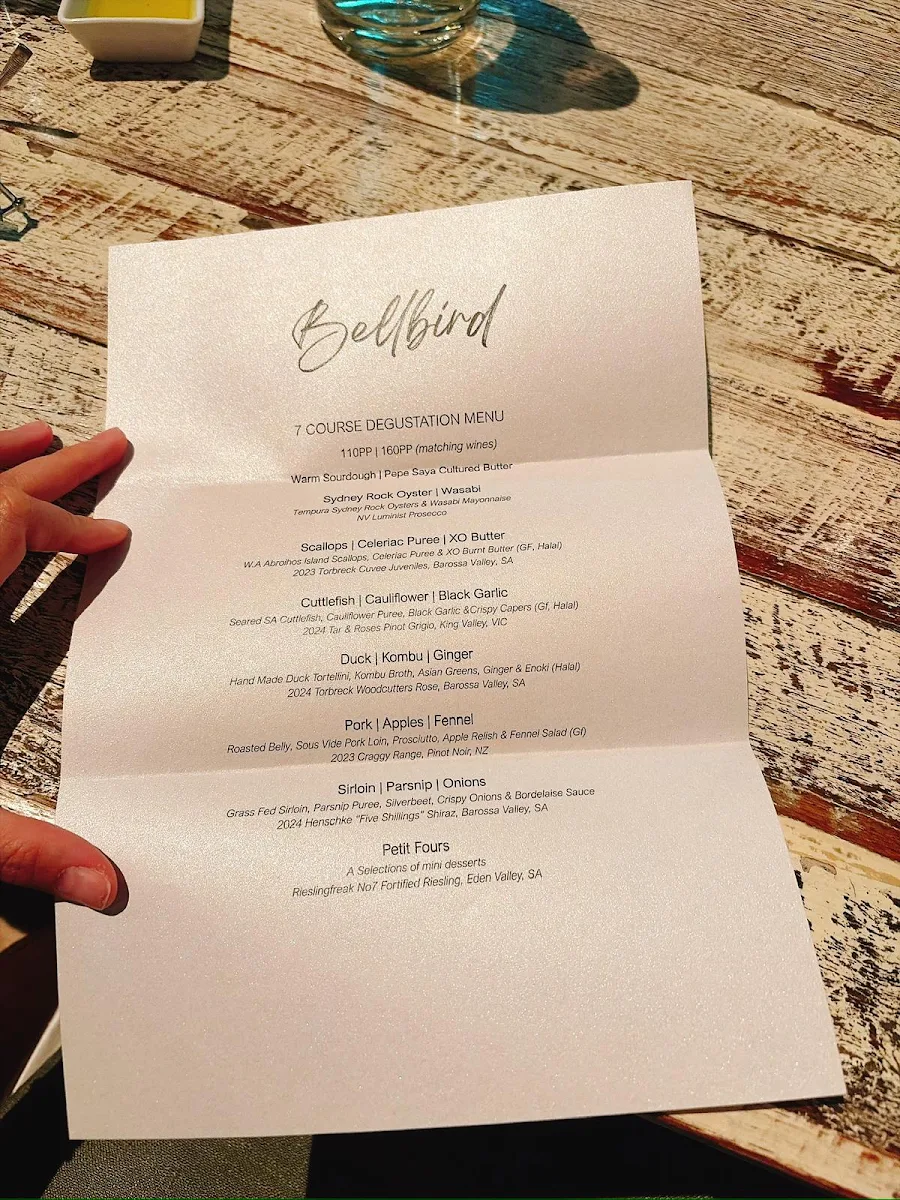 Menu, Bellbird Dining and Bar