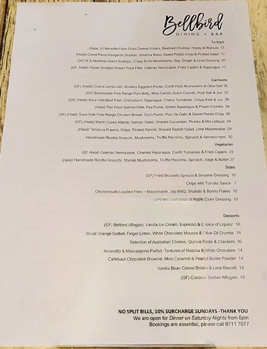 Menu, Bellbird Dining and Bar