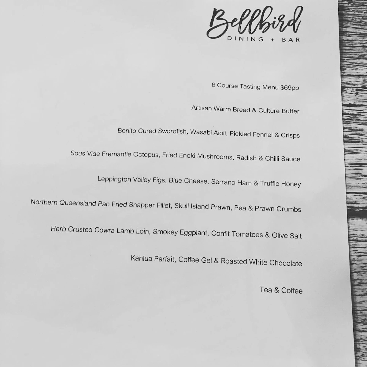 Menu, Bellbird Dining and Bar