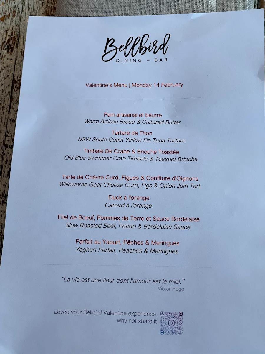 Menu, Bellbird Dining and Bar