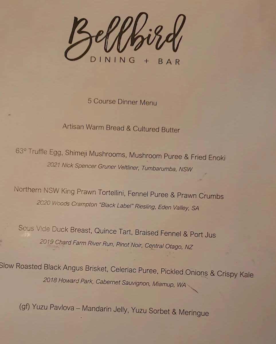 Menu, Bellbird Dining and Bar