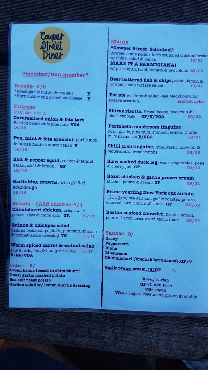 Menu, Cowper Street Diner