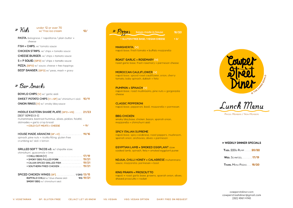 Menu, Cowper Street Diner