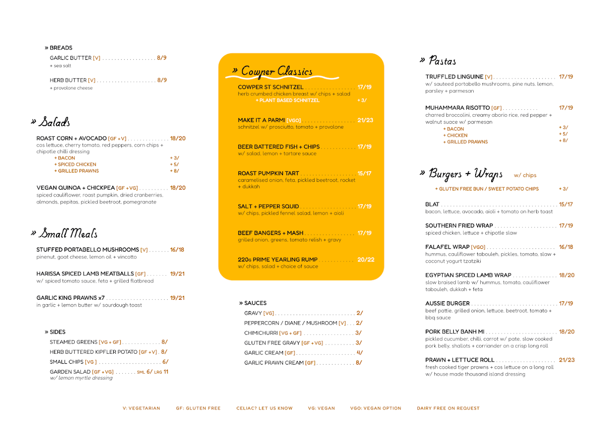 Menu, Cowper Street Diner