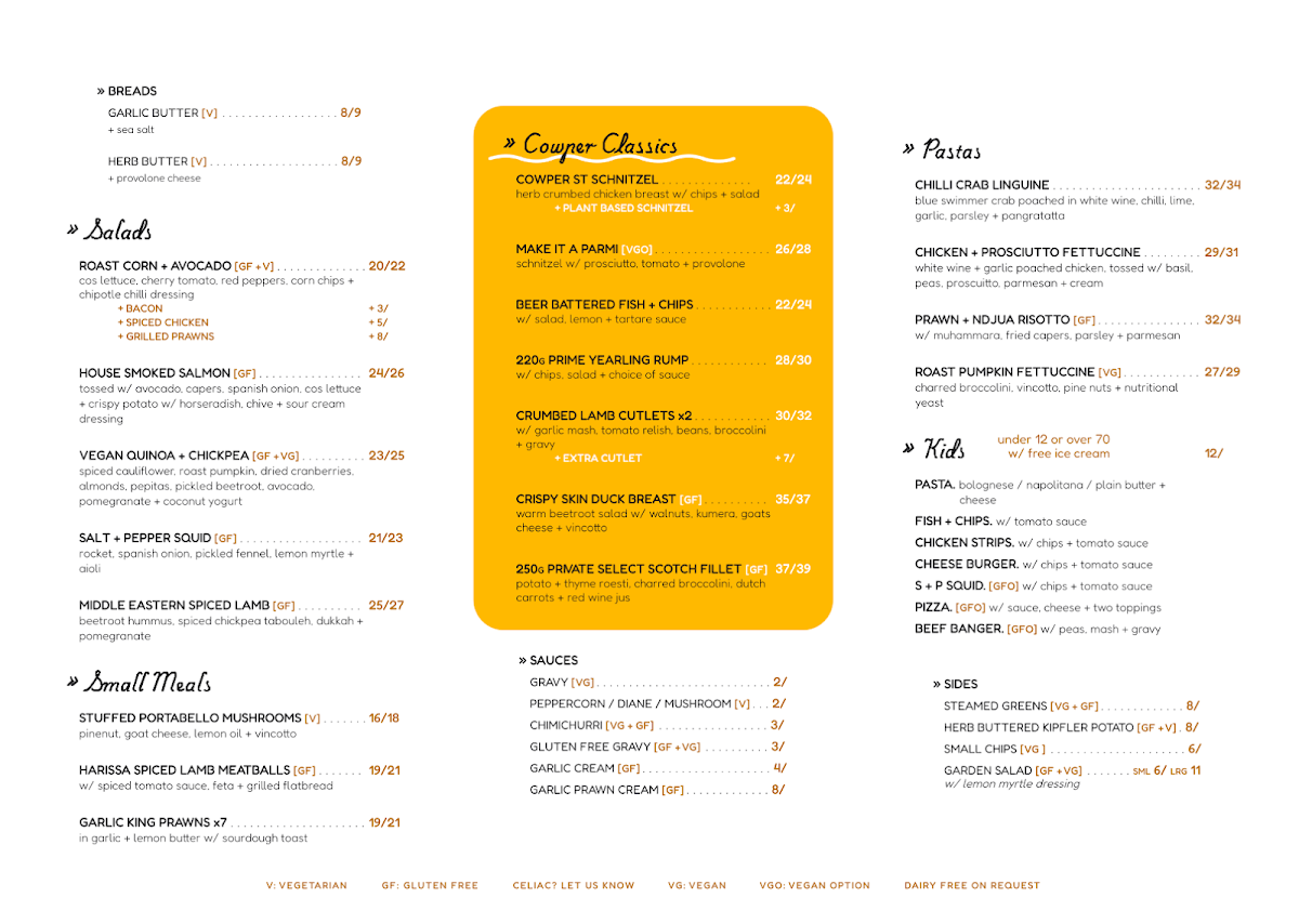 Menu, Cowper Street Diner