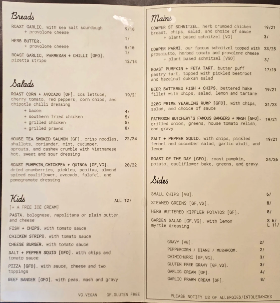 Menu, Cowper Street Diner
