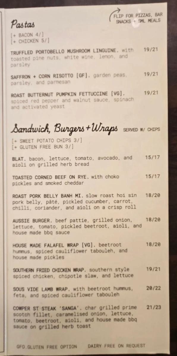 Menu, Cowper Street Diner