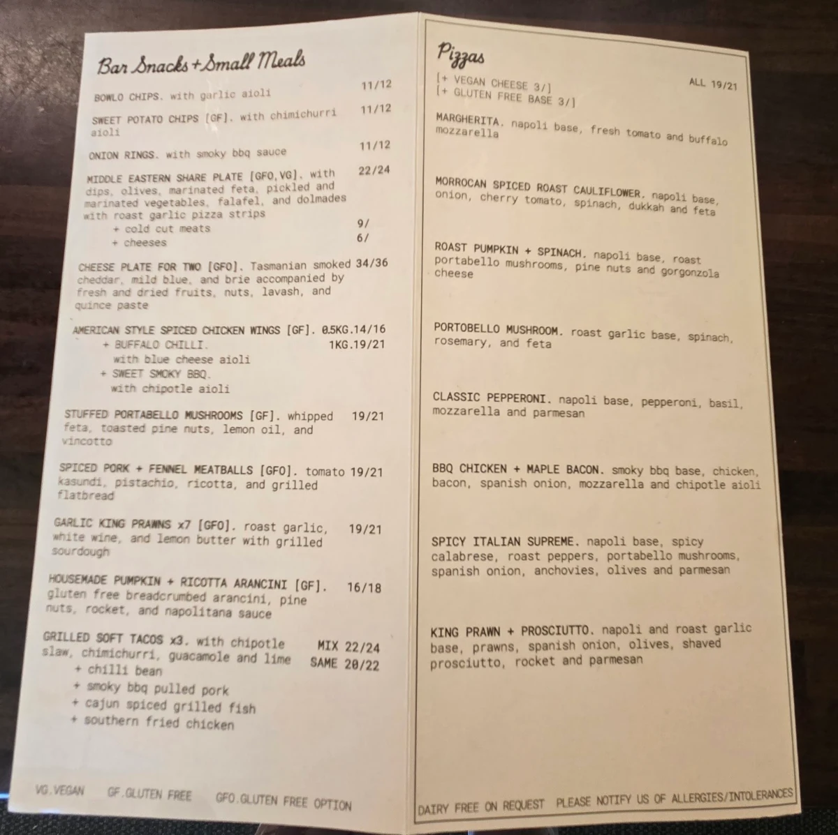 Menu, Cowper Street Diner