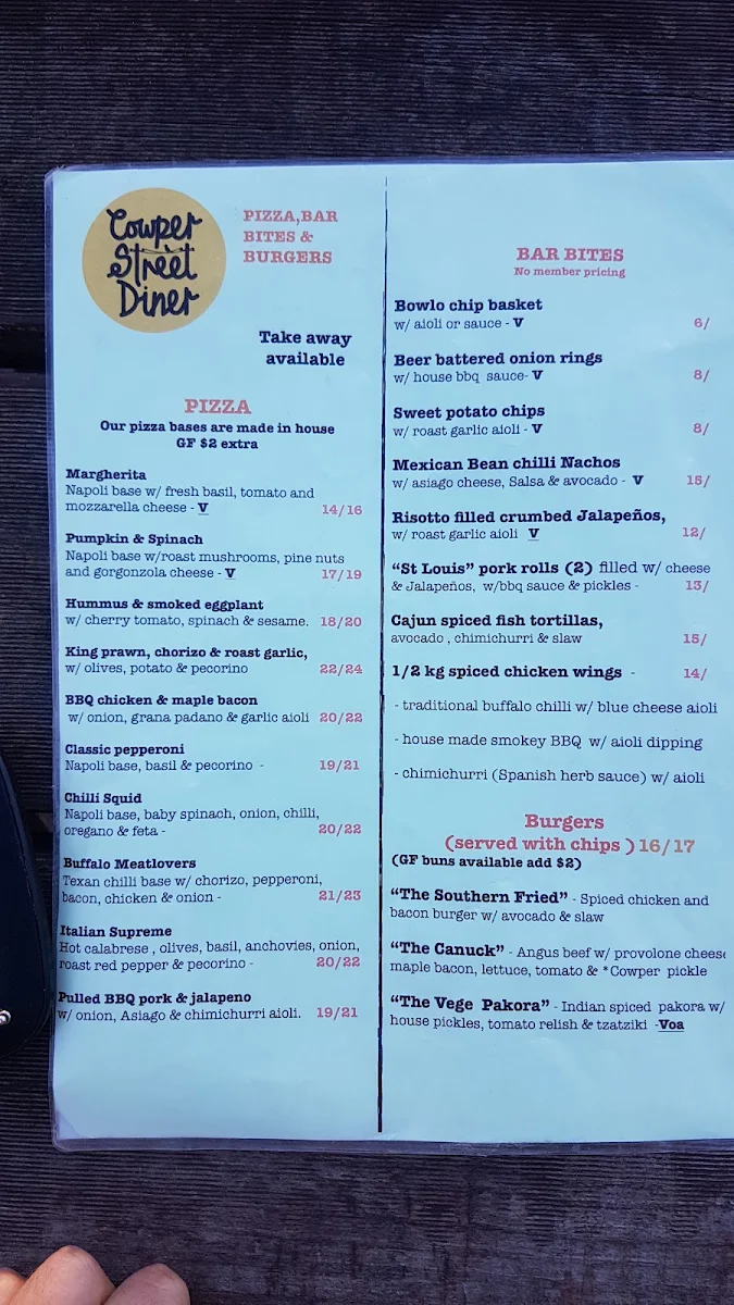 Menu, Cowper Street Diner