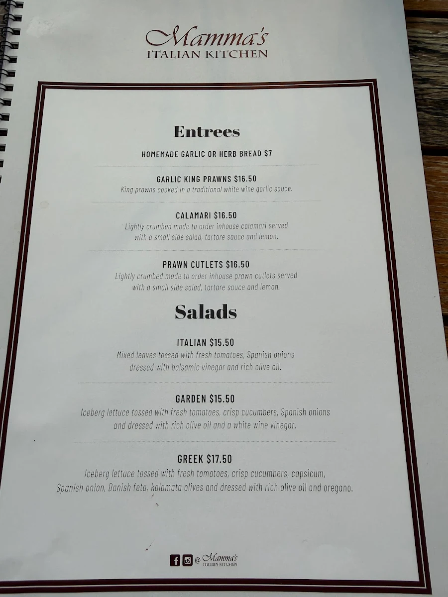 Menu, Mamma's Italian Kitchen