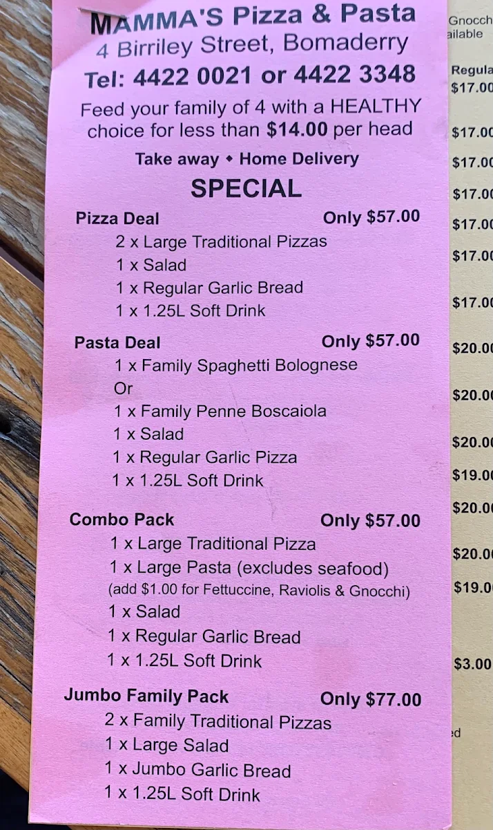 Menu, Mamma's Italian Kitchen