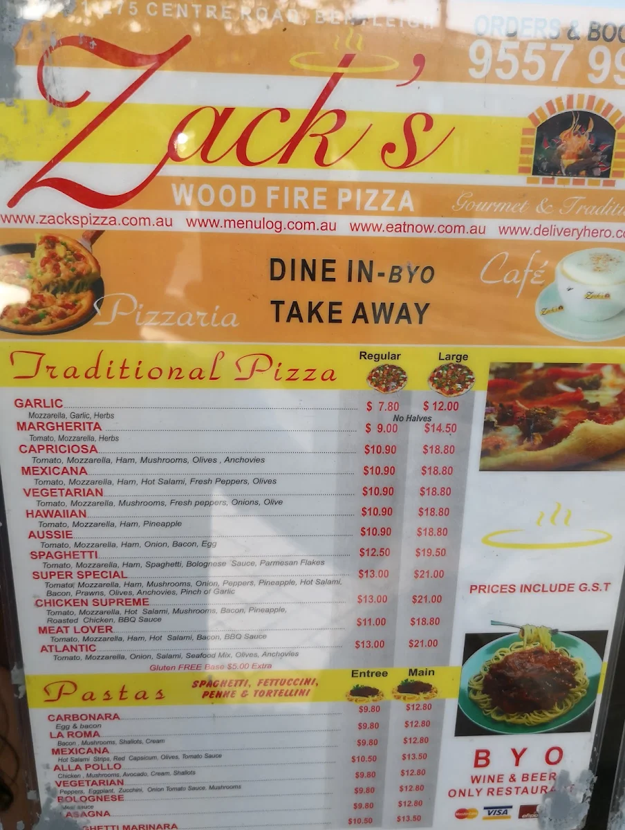 Menu, Zack's Pizza