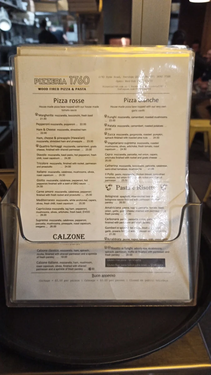 Menu, Pizzeria 1760