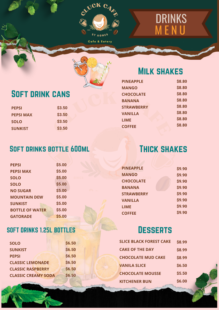 Menu, Cluck Cafe